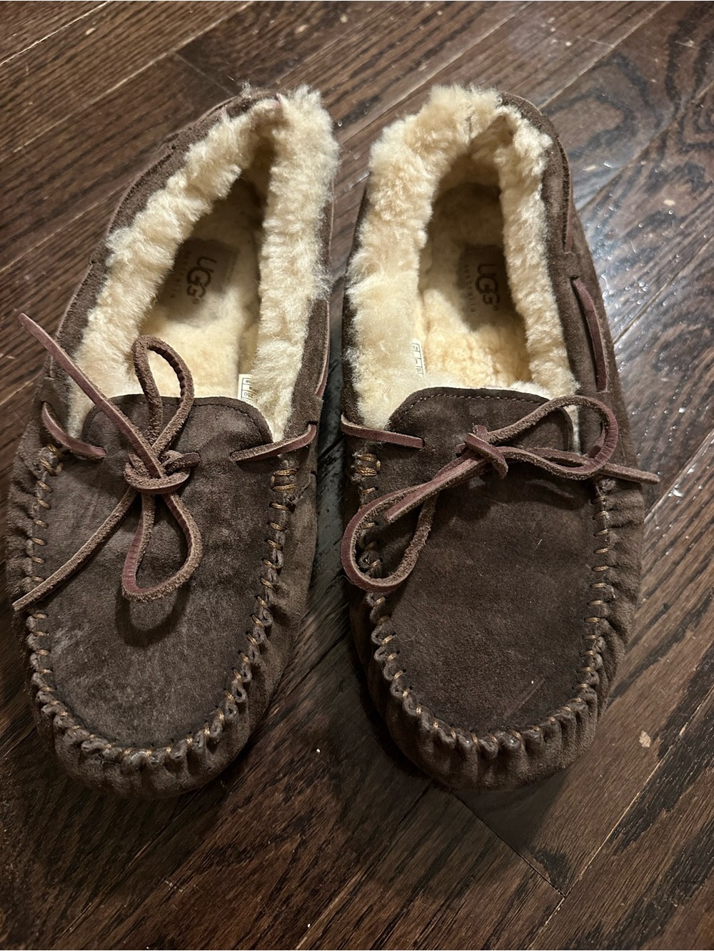 UGG Brown Suede Moccasin Slippers with Cream Shearling